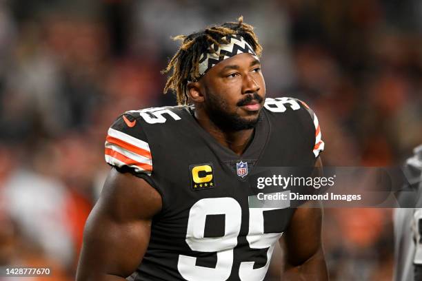 Myles Garrett of the Cleveland Browns looks on prior to a game against the Pittsburgh Steelers at FirstEnergy Stadium on September 22, 2022 in...