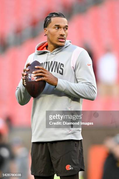 Kellen Mond of the Cleveland Browns looks on prior to a game against the Pittsburgh Steelers at FirstEnergy Stadium on September 22, 2022 in...