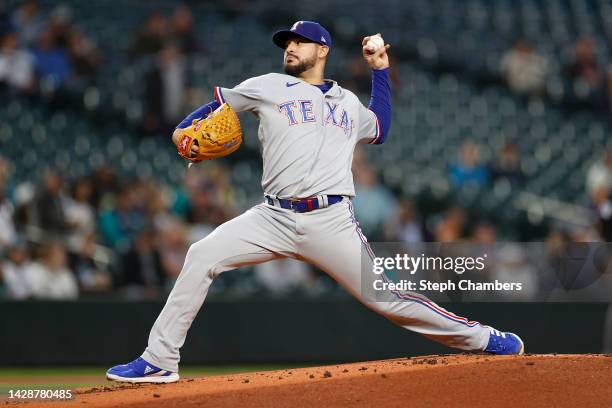 Martin Perez of the Texas Rangers pitches during the first inning against the Seattle Mariners at T-Mobile Park on September 28, 2022 in Seattle,...