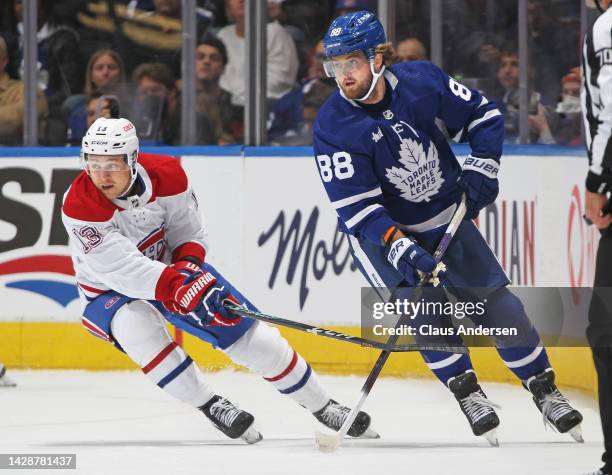 Mitchell Stephens of the Montreal Canadiens skates to check William Nylander of the Toronto Maple Leafs during an NHL pre-season game at Scotiabank...