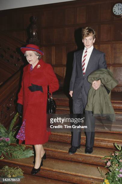 Queen Elizabeth II visits Port Regis School in Shaftesbury, Dorset, with grandson Peter Phillips, 23rd February 1991. Peter is a pupil at the school.