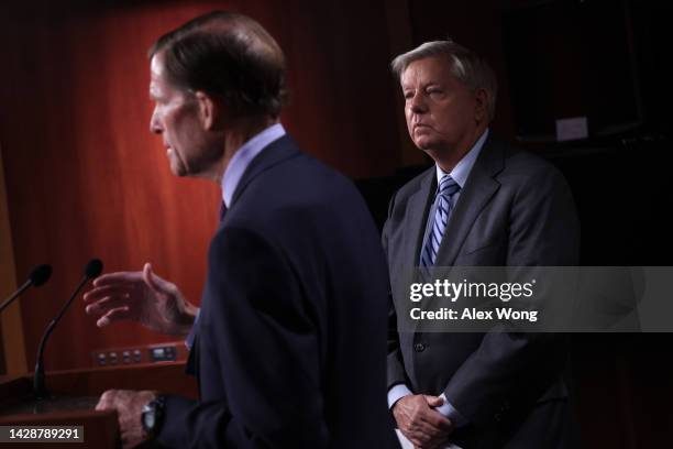 Sen. Richard Blumenthal speaks as Sen. Lindsey Graham listens during a news conference at the U.S. Capitol on September 29, 2022 in Washington, DC....
