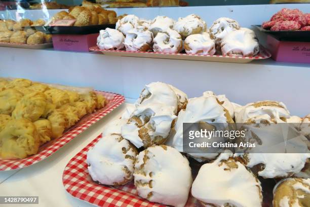 Rosquillas de San Isidro, typical of Madrid in the window of a pastry shop on May 14 , 2022 in Madrid, Spain.