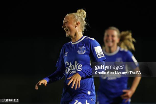 Hanna Bennison of Everton FC celebrates after Kirstie Levell of Leicester City scored an own goal to make it the first goal for Everton FC during the...