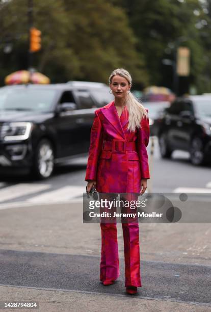 Victoria Magrath seen wearing a matching pink look, outside Carolina Herrera during new york fashion week on September 12, 2022 in New York City.