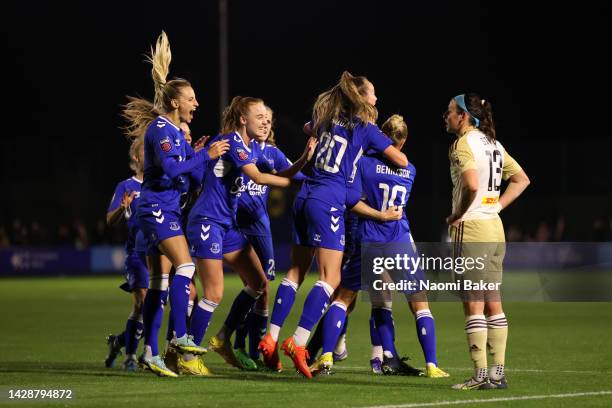 Players of Everton FC celebrate after Kirstie Levell of Leicester City scored an own goal to make it the first goal for Everton FC during the FA...