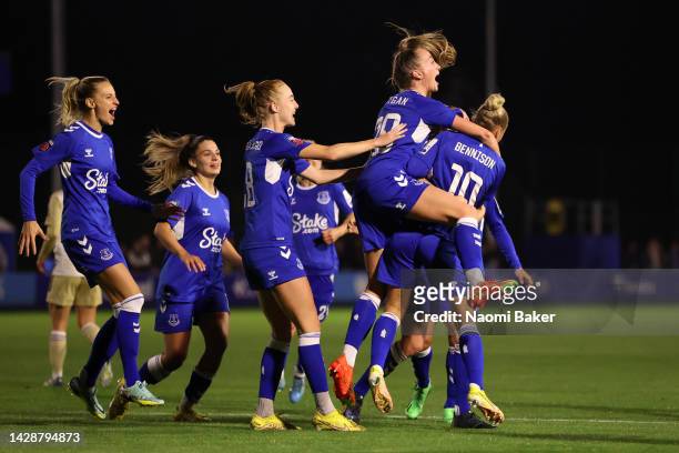 Players of Everton FC celebrate after Kirstie Levell of Leicester City scored an own goal to make it the first goal for Everton FC during the FA...