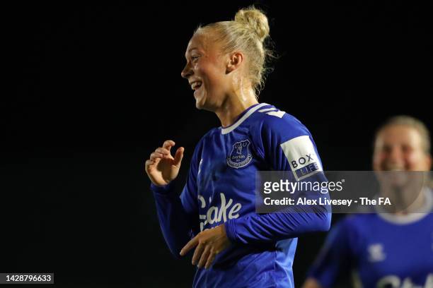 Hanna Bennison of Everton FC celebrates after Kirstie Levell of Leicester City scored an own goal to make it the first goal for Everton FC during the...