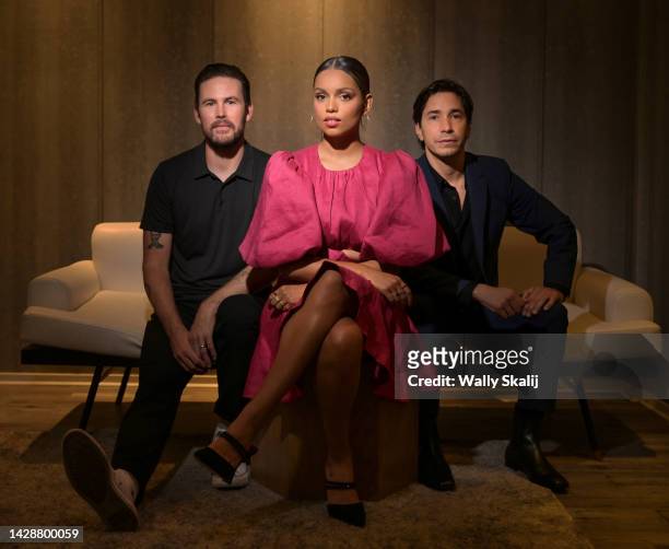 Writer/director Zach Cregger, actors Georgina Campbell and Justin Long are photographed for Los Angeles Times on August 23, 2022 in Los Angeles,...