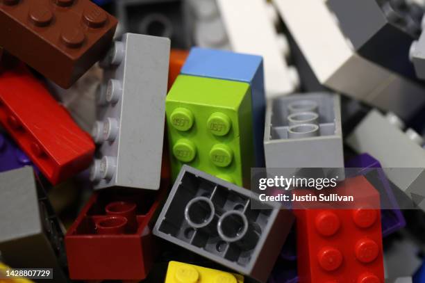 Lego bricks sit in a bin at Play-Well Marin Activity Center on September 29, 2022 in San Anselmo, California. Lego sales have surged 17 percent since...