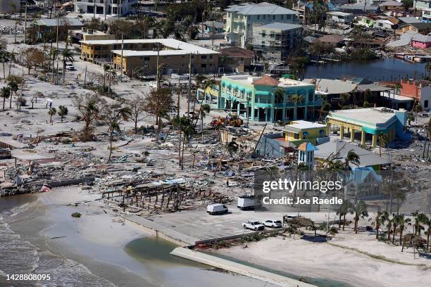 In an aerial view, damaged buildings are seen as Hurricane Ian passed through the area on September 29, 2022 in Fort Myers Beach, Florida. The...