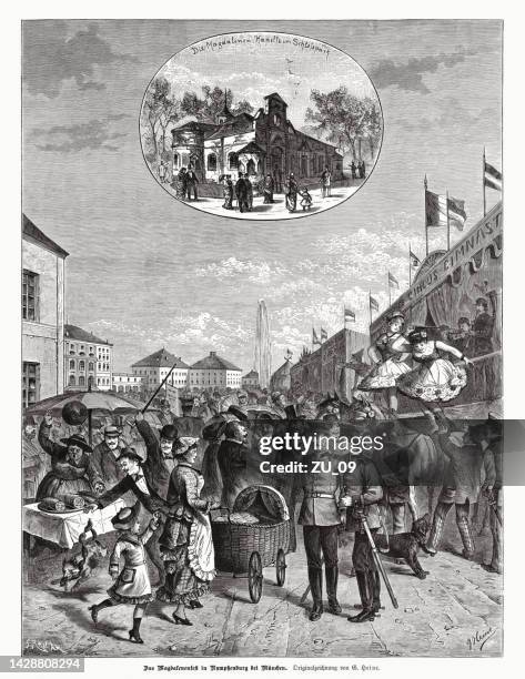 magdalenenfest in munich, bavaria, germany, wood engraving, published in 1885 - nymphenburg stock illustrations