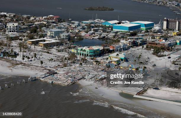 In an aerial view, damaged buildings are seen as Hurricane Ian passed through the area on September 29, 2022 in Fort Myers Beach, Florida. The...