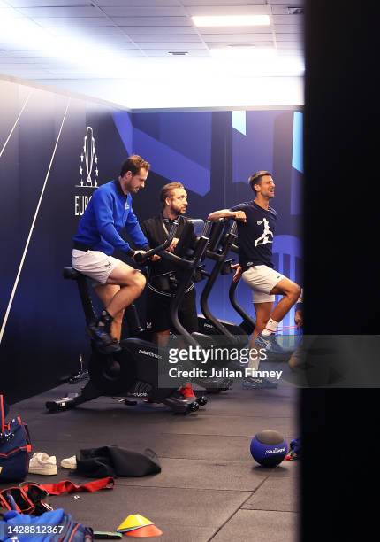 Andy Murray and Novak Djokovic of Team Europe are seen in the gym during previews at The O2 Arena on September 22, 2022 in London, England.