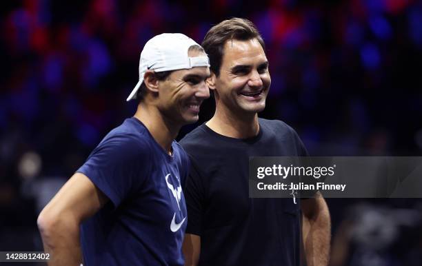 Rafael Nadal and Roger Federer of Team Europe in a practice session previewing the Laver Cup at The O2 Arena on September 22, 2022 in London, England.