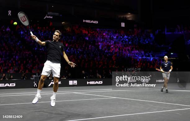 Rafael Nadal and Roger Federer of Team Europe in a practice session previewing the Laver Cup at The O2 Arena on September 22, 2022 in London, England.