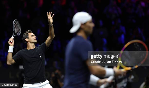Rafael Nadal and Roger Federer of Team Europe in a practice session previewing the Laver Cup at The O2 Arena on September 22, 2022 in London, England.