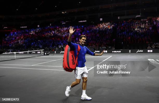 Roger Federer of Team Europe waves goodbye after a practice session previewing the Laver Cup at The O2 Arena on September 22, 2022 in London, England.