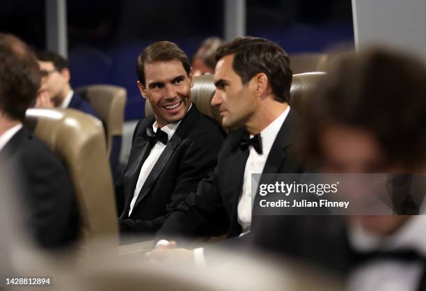 Rafael Nadal and Roger Federer of Team Europe make their way towards a Gala Dinner at Somerset House via the River Thames ahead of the Laver Cup at...