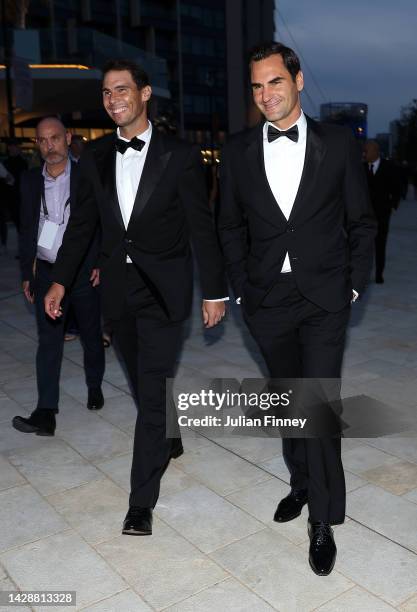 Rafael Nadal and Roger Federer of Team Europe make their way towards a Gala Dinner at Somerset House via the River Thames ahead of the Laver Cup at...