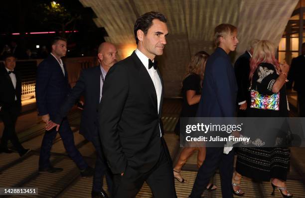 Roger Federer of Team Europe make their way towards a Gala Dinner at Somerset House ahead of the Laver Cup at The O2 Arena on September 22, 2022 in...