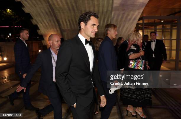 Roger Federer of Team Europe make their way towards a Gala Dinner at Somerset House ahead of the Laver Cup at The O2 Arena on September 22, 2022 in...