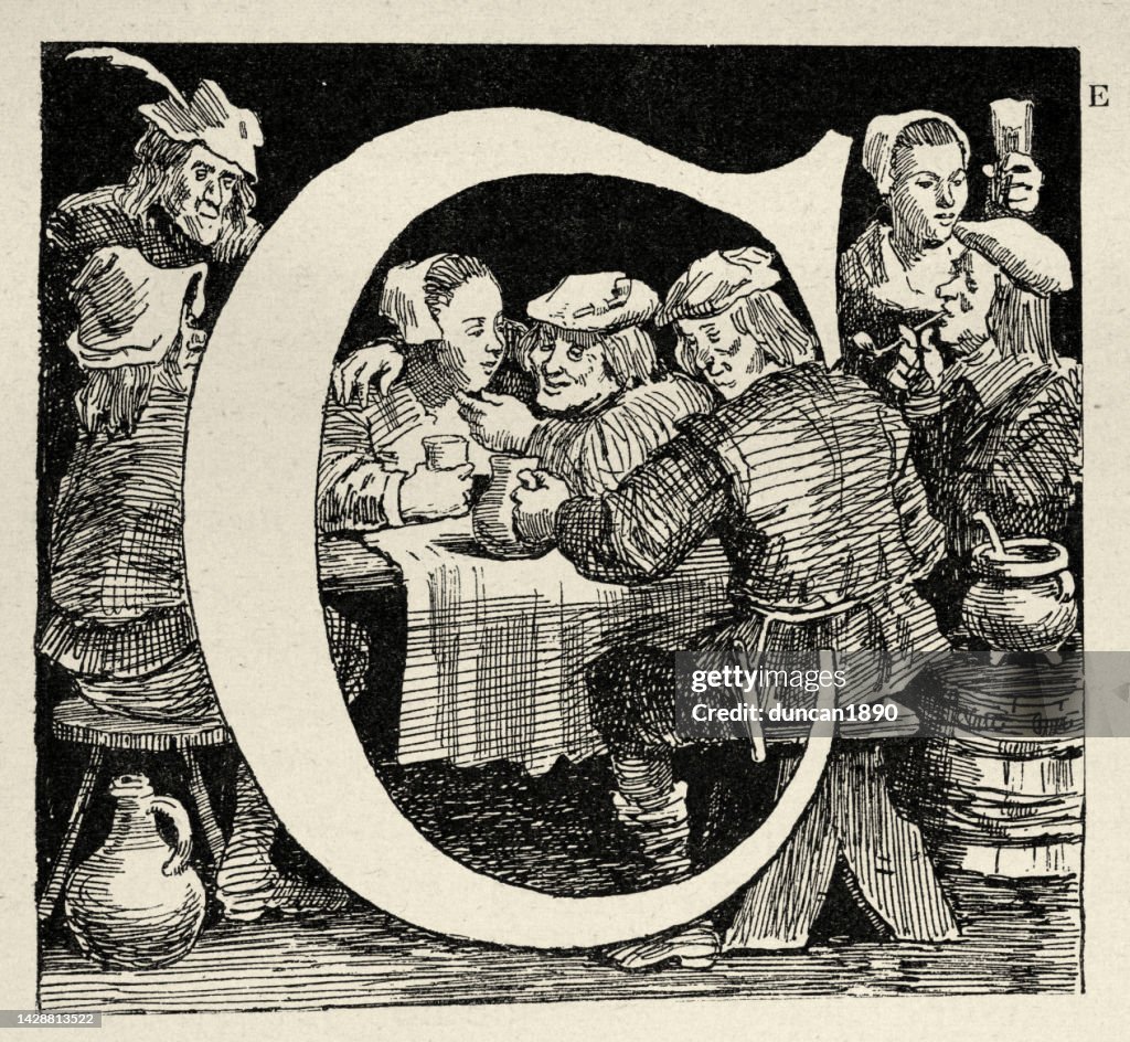 Capital Letter C Monogram Medieval People Drinking Beer In A Tavern