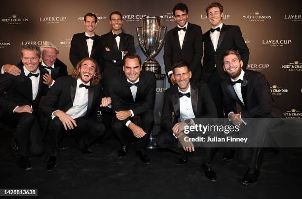 Players of Team Europe pose for a photograph alongside the Laver Cup during a Gala Dinner at Somerset House ahead of the Laver Cup in London, England.