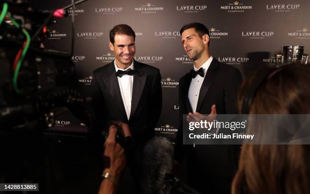 Rafael Nadal and Novak Djokovic of Team Europe arrive at the Gala Dinner at Somerset House ahead of the Laver Cup at The O2 Arena on September 22,...