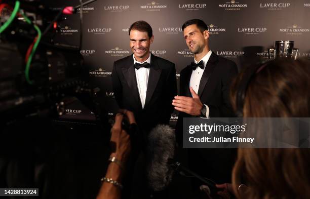 Rafael Nadal and Novak Djokovic of Team Europe arrive at the Gala Dinner at Somerset House ahead of the Laver Cup at The O2 Arena on September 22,...