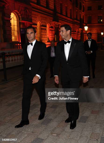 Rafael Nadal and Roger Federer of Team Europe make their way towards a Gala Dinner at Somerset House ahead of the Laver Cup at The O2 Arena on...