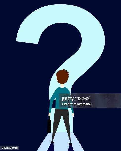 vector of a question mark with a man standing in front of it - success vector stock pictures, royalty-free photos & images