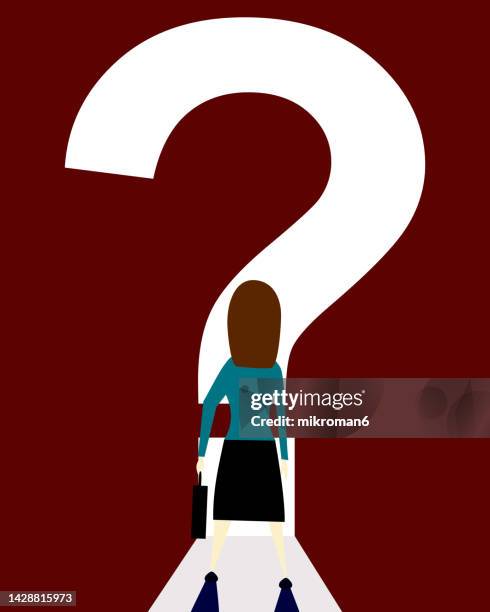 vector of a question mark with a woman standing in front of it - success vector stock pictures, royalty-free photos & images