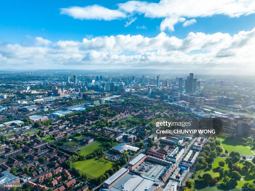Aerial view of Manchester city in UK