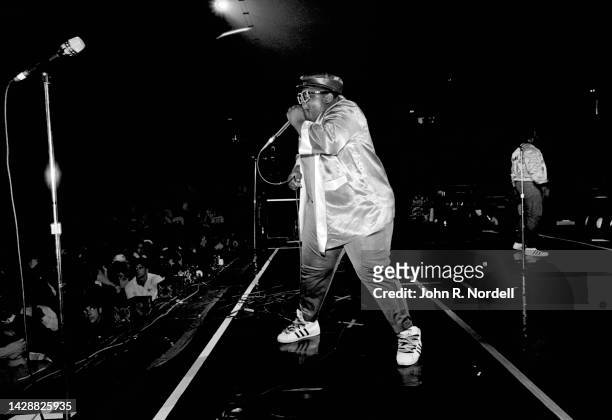 American rapper, beatboxer, and actor Darren "Buff Love" Robinson , of the American hip hop trio The Fat Boys, sings on stage during the 1985 Fresh...