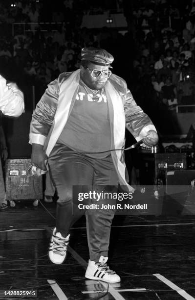 American rapper, beatboxer, and actor Darren "Buff Love" Robinson , of the American hip hop trio The Fat Boys, walks on stage during the 1985 Fresh...