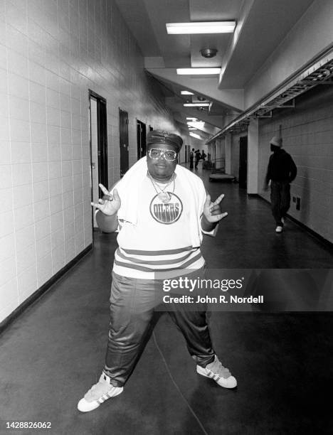 American rapper, beatboxer, and actor Darren "Buff Love" Robinson , of the American hip hop trio The Fat Boys, poses for a portrait backstage during...