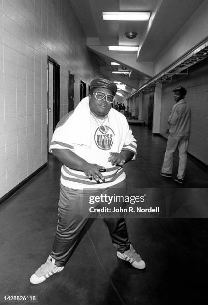 American rapper, beatboxer, and actor Darren "Buff Love" Robinson , of the American hip hop trio The Fat Boys, poses for a portrait backstage during...