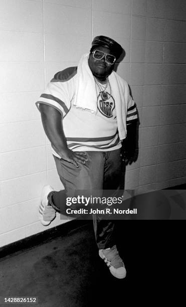 American rapper, beatboxer, and actor Darren "Buff Love" Robinson , of the American hip hop trio The Fat Boys, poses for a portrait backstage during...