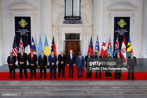 President Joe Biden and leaders from the Pacific Islands region pose for a photograph on the North Portico of the White House September 29, 2022 in...