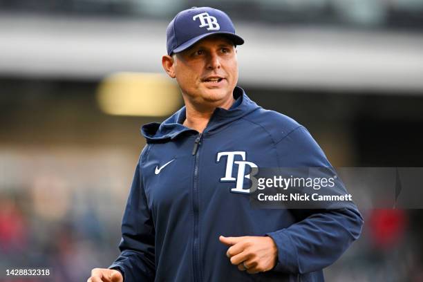 Manager Kevin Cash of the Tampa Bay Rays runs off the field during the first inning against the Cleveland Guardians at Progressive Field on September...