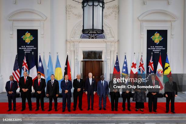 President Joe Biden and leaders from the Pacific Islands region pose for a photograph on the North Portico of the White House September 29, 2022 in...