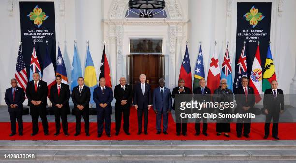 President Joe Biden and leaders from the Pacific Islands region pose for a photograph on the North Portico of the White House September 29, 2022 in...