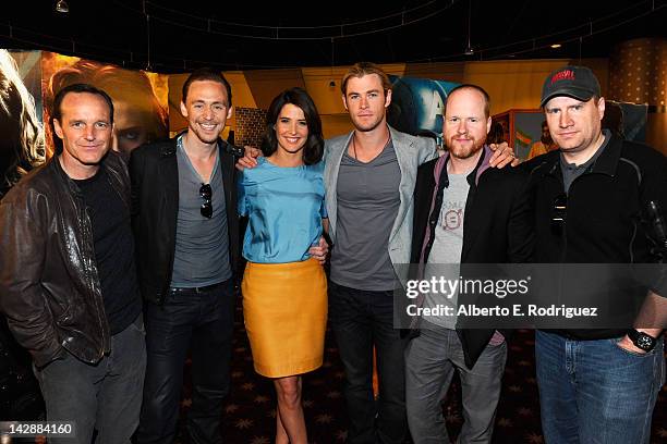 Actors Clark Gregg, Tom Hiddleston, Cobie Smulders, Chris Hemsworth, director Joss Whedon and producer Kevin Feige attend a speical screening of...