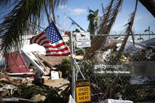 Boats sit atop one another in a marina near Fort Myers Beach on September 29, 2022 in San Carlos Island, Florida. Hurricane Ian brought high winds,...