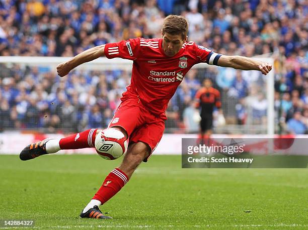 Steven Gerrard of Liverpool shoots during the FA Cup with Budweiser Semi Final match between Liverpool and Everton at Wembley Stadium on April 14,...