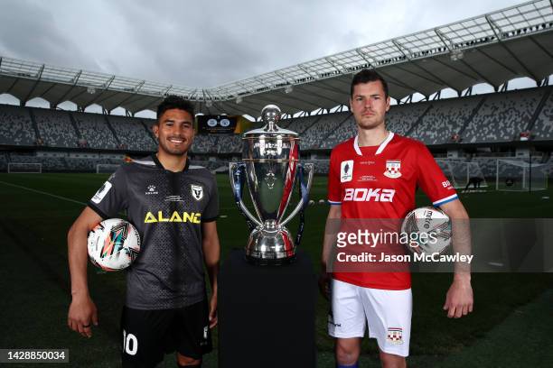 Ulises Davila captain of Macarthur FC and Adrian Vlastelica captain of Sydney United 58 FC pose during an Australia Cup Final media opportunity at...