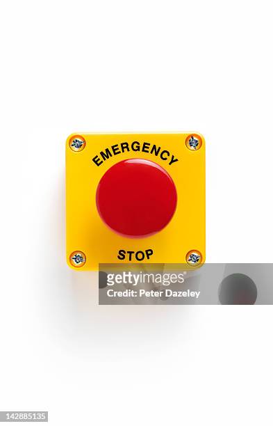 close up of emergency stop panic button with - evento catastrofico foto e immagini stock