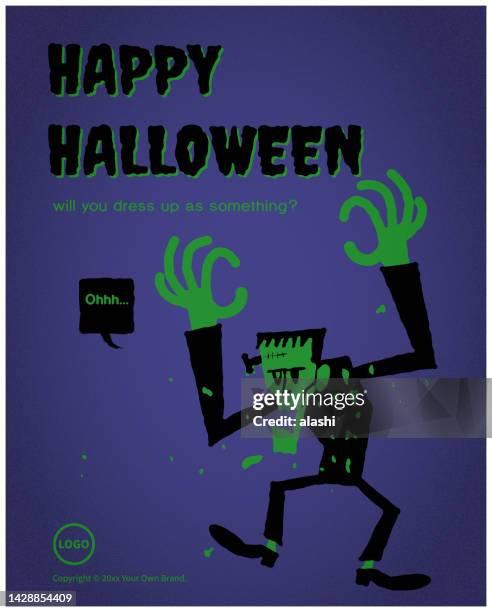 spooky frankenstein sagt, es ist halloween-zeit, trage dein bestes kostüm zu unserem monster-mash - frankenstein's monster stock-grafiken, -clipart, -cartoons und -symbole