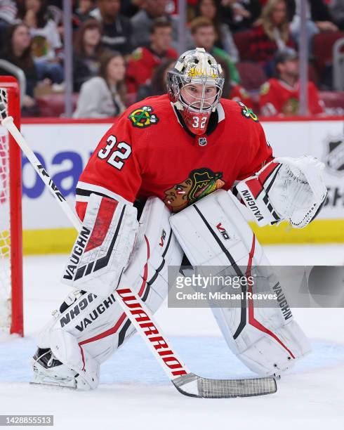Alex Stalock of the Chicago Blackhawks in action against the St. Louis Blues during the third period of a preseason game at United Center on...